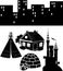 Set of black silhouettes of different buildings and traditional dwellings isolated on white background