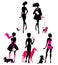 Set of black silhouettes of fashionable girls with their pets