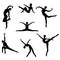 Set of black silhouettes of girls in poses dancing, fitness, gymnastics, yoga, ballet on a white background