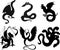 Set of black silhouettes of mythological dragons: basilisk, dragon, hydra, wyvern, quetzalcoatl, zmiulan