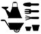 Set of black silhouettes objects for garden iron watering can shovel flower pots rake on white background illustration web