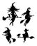 A set of black silhouettes of witches flying on a broomstick.