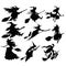 Set of black silhouettes of witches flying on a broomstick. A collection of silhouettes for Halloween. Mystical