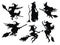 Set of black silhouettes of witches flying on a broomstick. A collection of silhouettes for Halloween. Mystical