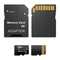 Set of black standard 128 gb digital sd memory cards front and back with gold contact with adapter for sd card on a white backgrou