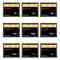 Set of black standard digital compact flash memory cards of different sizes on a white background. Collection media card for digit