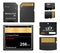 Set of black standard digital sd, xd and compact flash memory cards front and back with gold contact with adapter for sd card on a