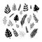 Set of black trendy doodle exotic leaves on a white background.
