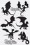 Set black vector illustrations of dragons flying silhouettes