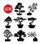 Set of black and white bonsai trees, vector