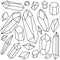Set of black and white crystals, black outline hand drawing of stones, magic element, vector illustration