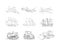 Set of black and white drawings of transports. Imaginary illustration of sailboats, planes and cars. Hand-drawn doodle pencil