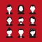 Set of black and white faces icons on a red background