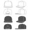 Set of black and white illustration of a snapback, rapper cap with a flat visor. Isolated objects.