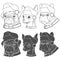 Set of black and white illustrations of cute dogs in Christmas hats.