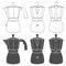 Set of black and white illustrations of geyser coffee makers. Isolated vector objects.