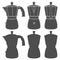 Set of black and white illustrations of geyser coffee makers. Isolated vector objects.
