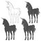 Set of black and white illustrations with a unicorn. Isolated vector objects.