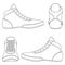 Set of black and white illustrations with wrestling shoes, sports shoes. Isolated vector objects.