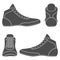 Set of black and white illustrations with wrestling shoes, sports shoes. Isolated vector objects.