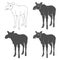 Set of black and white images with a moose. Isolated objects.