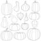 Set of black and white images with pumpkins of different types and shapes. Isolated vector objects.