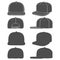 Set of black and white images of a snapback, rapper cap with a flat visor. Isolated objects.