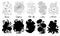 Set of black and white outline flowers - orchid, rafflesia, calla, aster, anemone