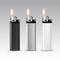 Set of Black White Plastic Metal Lighters Flame on Background