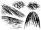 Set of black and white rough hatching clipart images of meadow, hill and clouds