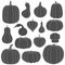 Set of black and white silhouettes with pumpkins of different shapes. Isolated vector objects.
