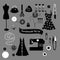 Set of black and white vector objects of sewing and dressmaking equipment, tools for card, poster, flyer, cover, banner