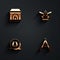 Set Blacksmith oven, Anvil and hammer, Horseshoe and Air blower bellows icon with long shadow. Vector