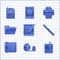 Set Blank notebook and pen, Scotch, File document, Ruler, Telephone, Document folder, Printer and paper clip icon