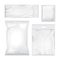 Set of blank white and transparent foil bag packaging for food, snack, coffee, cocoa, sweets, crackers, chips, nuts