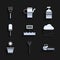 Set Blank wooden sign board, Garden pitchfork, Chainsaw, Cloud with rain, Flower pot, trowel spade shovel, sprayer and