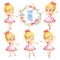 Set of Blond Ballerina Princess Character Dancer Girl. Cute Child Girls wearing pink Tutu Costume Training in School