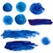 Set of blue acrylic paint stains and strokes.