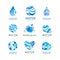 Set of blue aqua logos. Labels for water bottles. Pure and fresh product. Abstract vector elements for promo poster