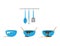Set of Blue Bowls with Chocolate mix and Blue Kitchen Utensils on White Background