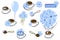 Set of blue chicory flowers, cup of drink, spoon, bouquet of flowering chicory in paper corner. Abstract illustration for design