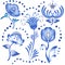 Set of blue floral elements for design in the style of Gzhel.