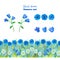 Set of blue flowers. Chamomiles, blue bells, cornflowers. Seamless floral border for framing, braid, ribbon, decoration.