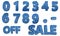 Set of blue hairy numbers and sale banner 3d illustration