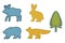 Set of Blue moose, blue bear, yellow rabbit, yellow fox, green fir silhouettes