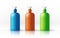 A set of blue, orange, green satined plastic bottles for sanitary and antiseptic products. Object, shadow, glossy and