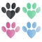 Set of blue, pink, green and black watercolor animal footprints in heart shape. Watercolor pets footprint. Paw footprint