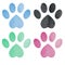Set of blue, pink, green and black watercolor animal footprints in heart shape. Watercolor pets footprint. Paw footprint