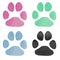 Set of blue, pink, green and black watercolor animal footprints. Watercolor pets footprint. Paw footprint illustration
