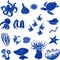 Set of blue silhouettes of different marine animals